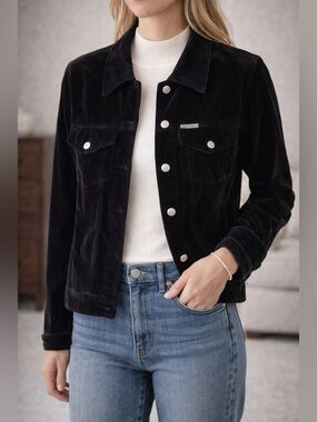 Calvin Klein Jeans Black Velvet Jacket Button Front Size M Vintage